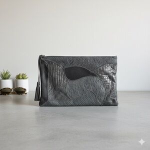 Vintage 80s/90s Patchwork Gray Textured Leather Women's Clutch Wristlet